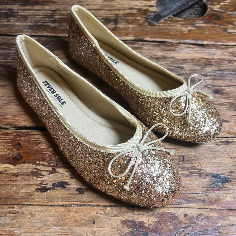 Fever Sole Gold Glitter Ballet Flats Size 8 Ballerina Shoes Party Going Out